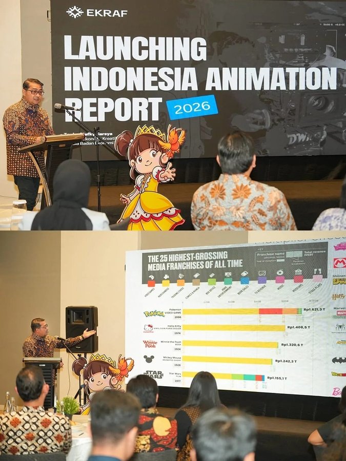 Creative Economy Minister Teuku Riefky Harsya at the Indonesia Animation Report 2026 launch on May 19. The industry tripled in value. The report maps what comes next.
